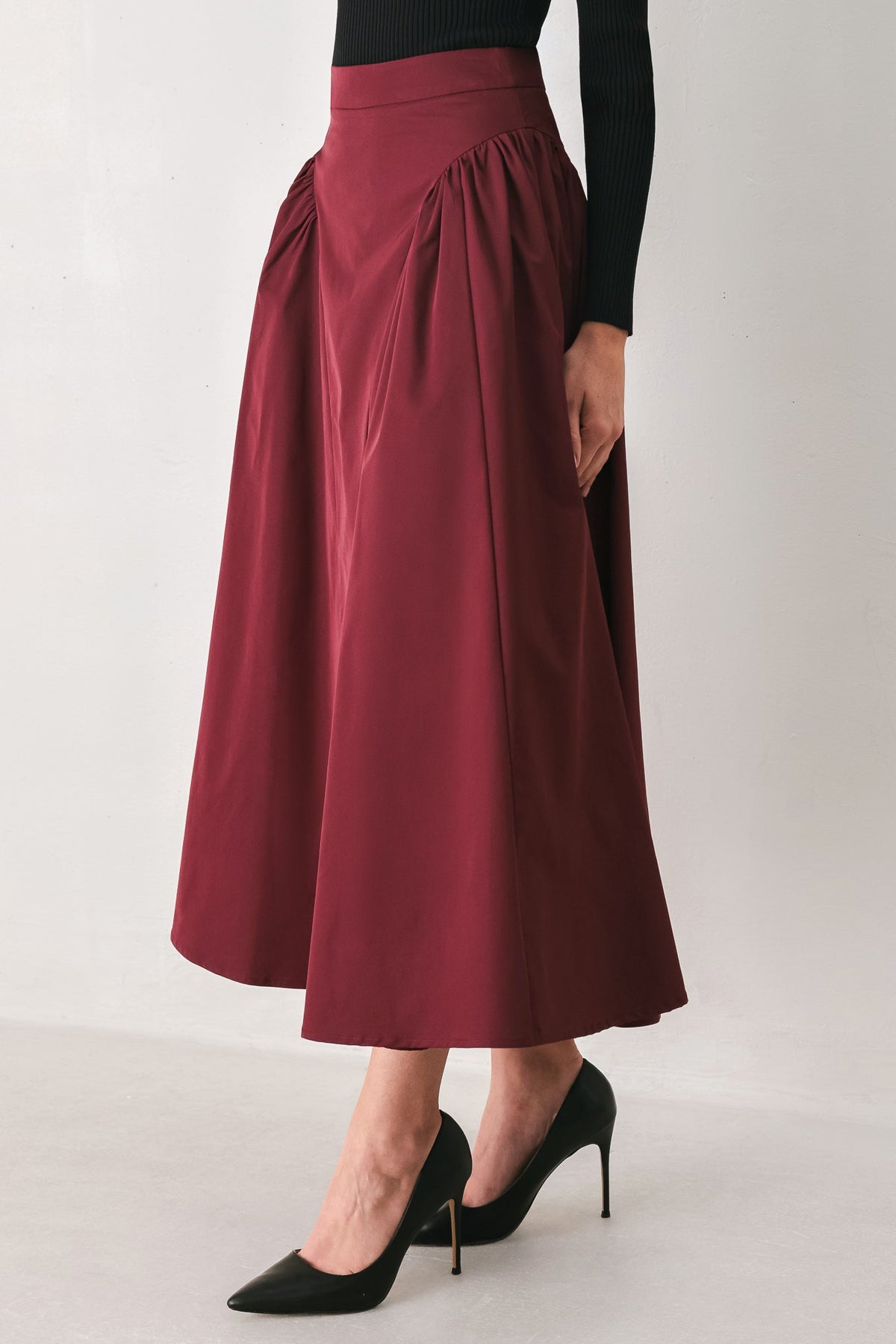 Flying Tomato Sculpted Noir Shirred Midi Skirt in BLACK view 6 (dress)