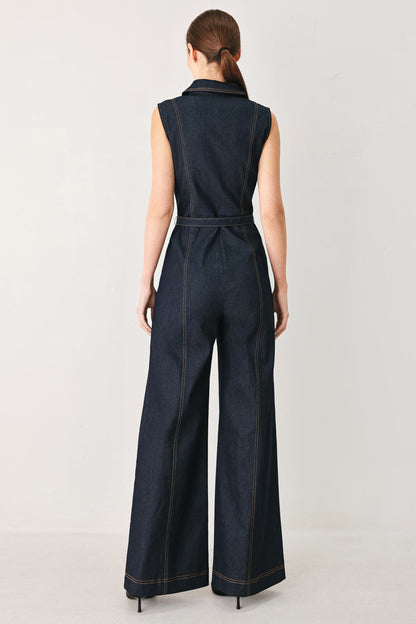 Flying Tomato Sleeveless Workwear Denim Jumpsuit in DARK DENIM view 6 - Casual Office Outfit (bottom)