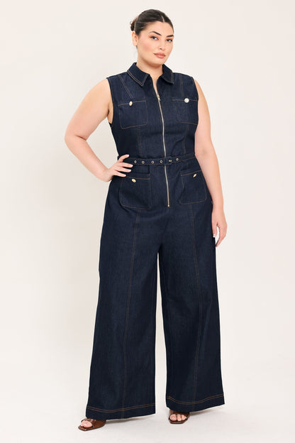 Flying Tomato Sleeveless Workwear Denim Jumpsuit view 9 - Casual Office Outfit (bottom)