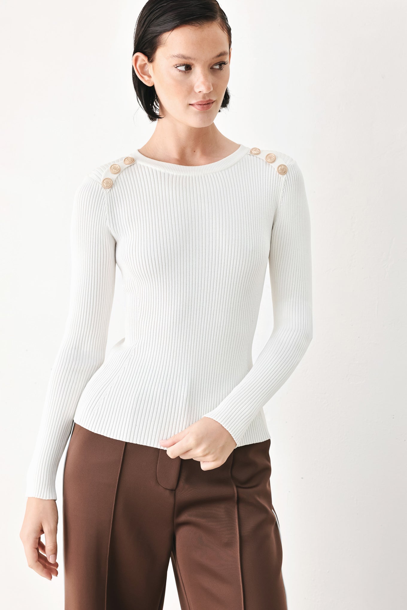 Flying Tomato Soft Cream Classic Rib Sweater Top in OFF WHITE view 2 - Soft Cream Sweater Women'S