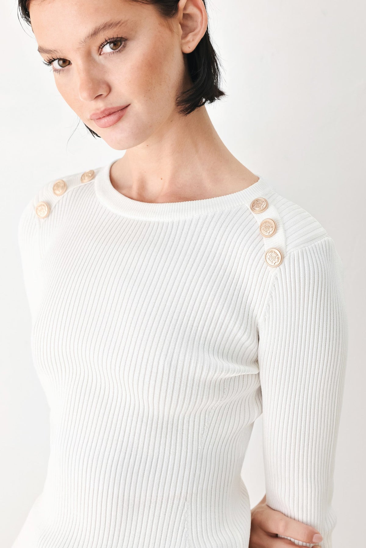 Flying Tomato Soft Cream Classic Rib Sweater Top in OFF WHITE view 3 - Soft Cream Sweater Women'S