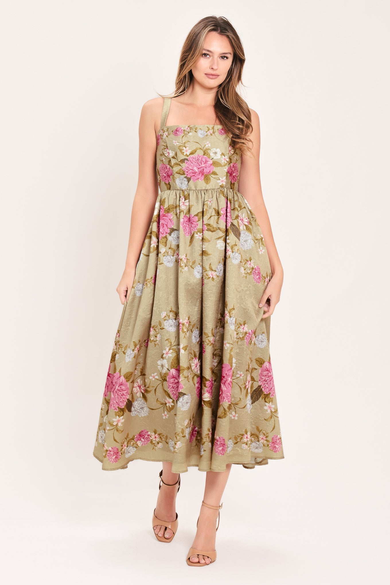 Flying Tomato Sweet Peony Morning Woven Midi Dress in TAN view 4 - Flying Tomato Dress Reviews