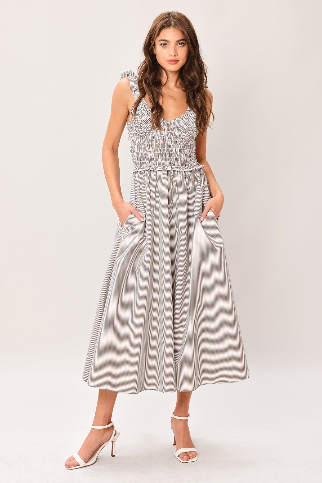 Flying Tomato Sweet Stripe Woven Midi Dress in TAUPE GREY - Candy Stripe Dress