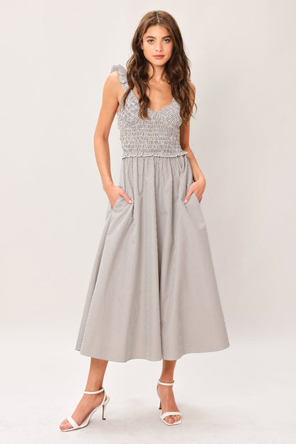 Flying Tomato Sweet Stripe Woven Midi Dress in TAUPE GREY - Candy Stripe Dress