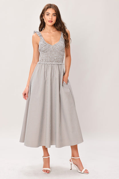 Flying Tomato Sweet Stripe Woven Midi Dress in TAUPE GREY view 3 - Candy Stripe Dress