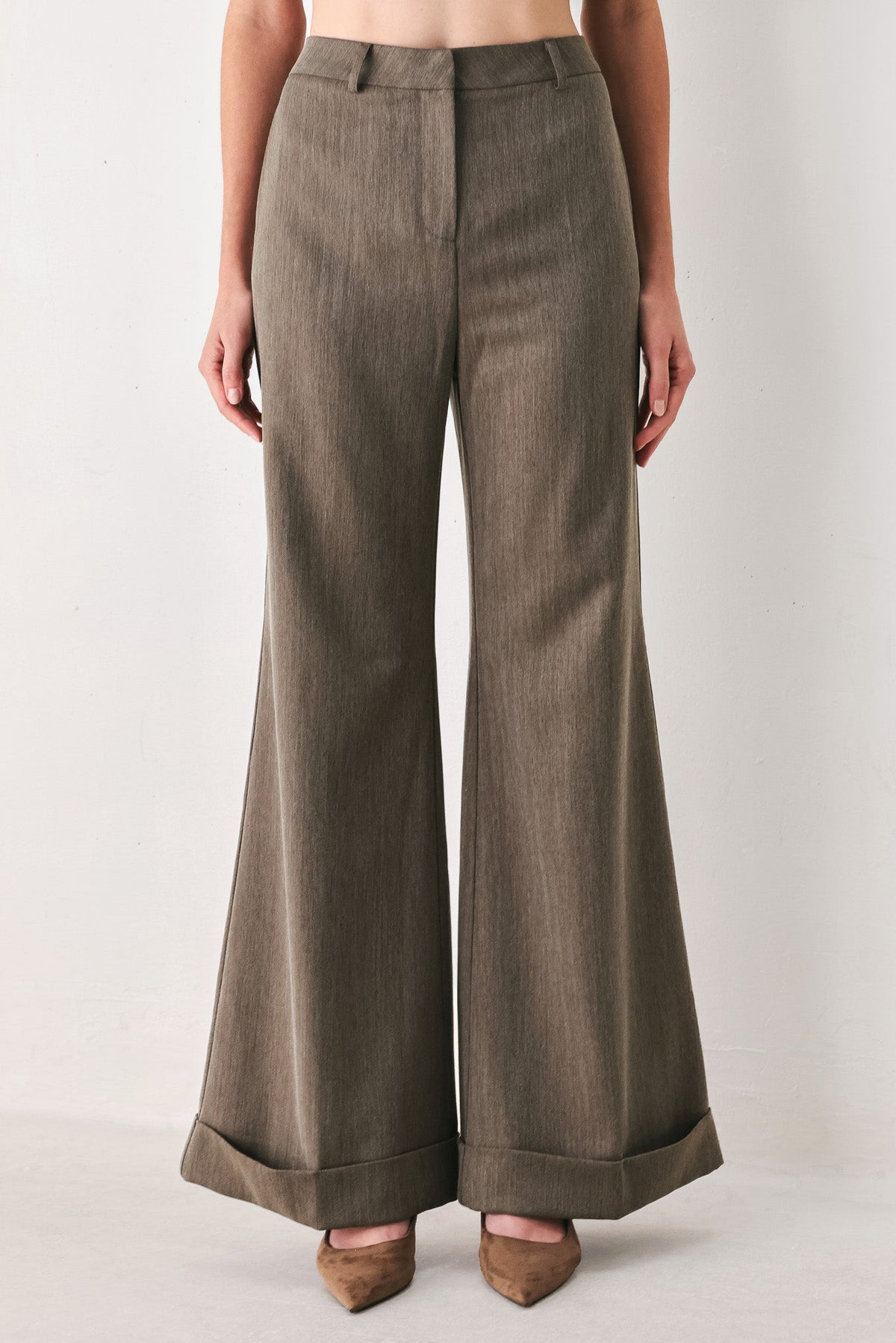 Flying Tomato Tailored Tempo Brown Cuffed Flare Pants in BROWN (bottom)