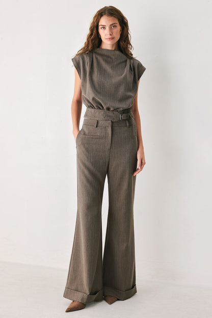 Flying Tomato Tailored Tempo Brown Cuffed Flare Pants in BROWN view 2 (bottom)