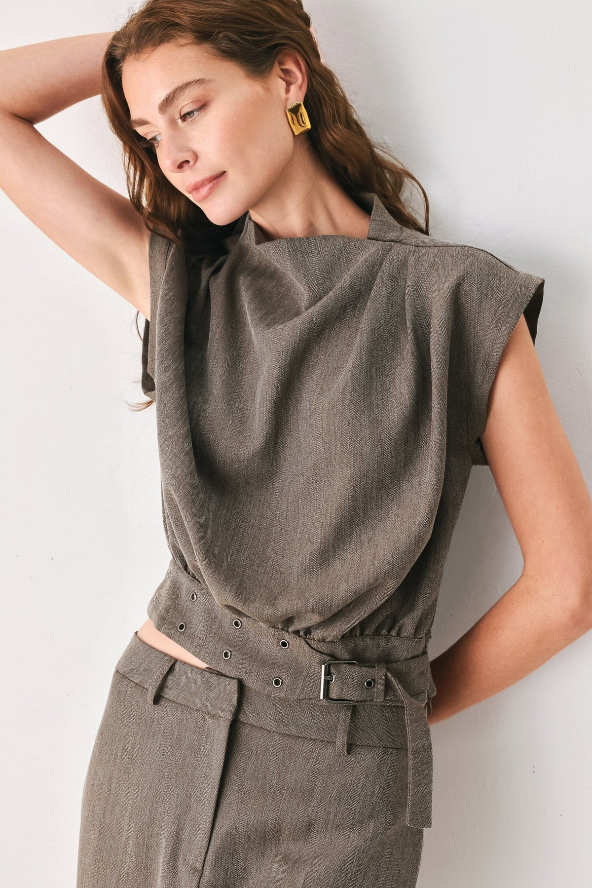 Flying Tomato Tailored Tempo Brown Funnel-neck Belted Top in BROWN