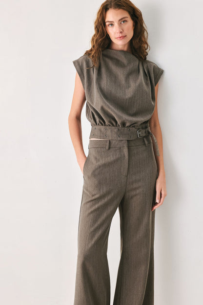 Flying Tomato Tailored Tempo Brown Funnel-neck Belted Top in BROWN view 2