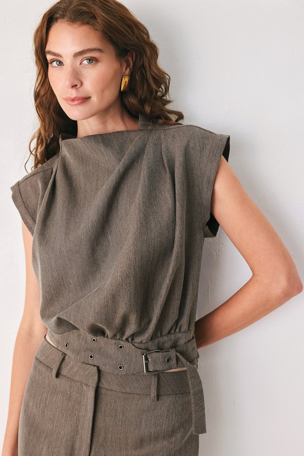 Flying Tomato Tailored Tempo Brown Funnel-neck Belted Top view 4