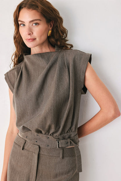 Flying Tomato Tailored Tempo Brown Funnel-neck Belted Top view 4