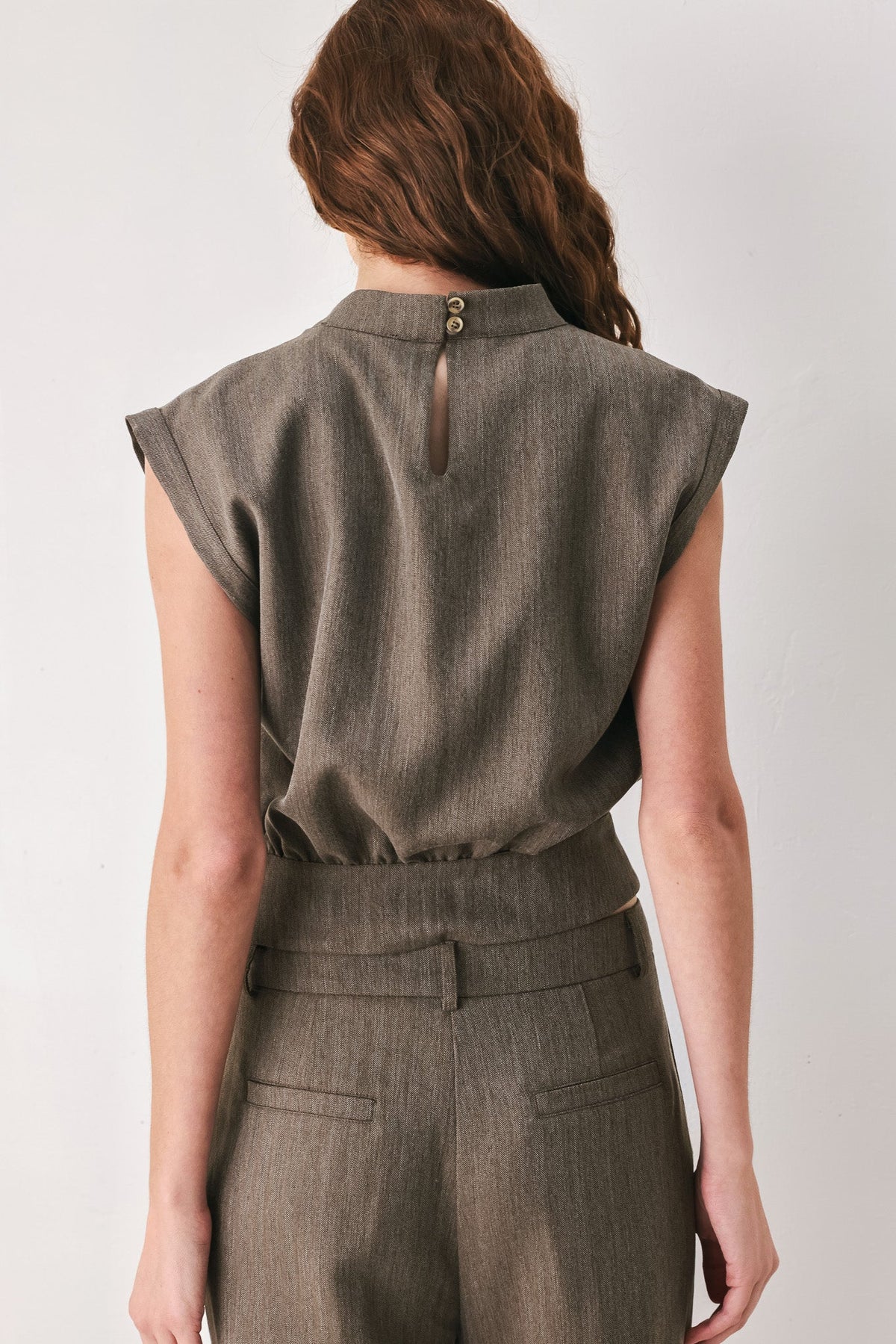 Flying Tomato Tailored Tempo Brown Funnel-neck Belted Top view 6