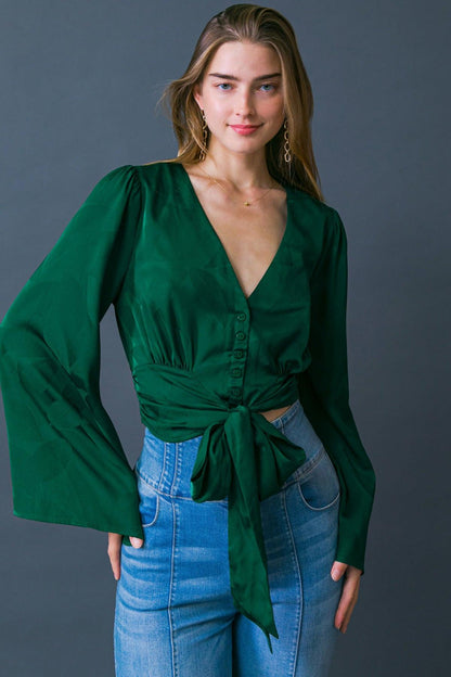 Flying Tomato the Right Addition Woven Top in HUNTER GREEN view 4