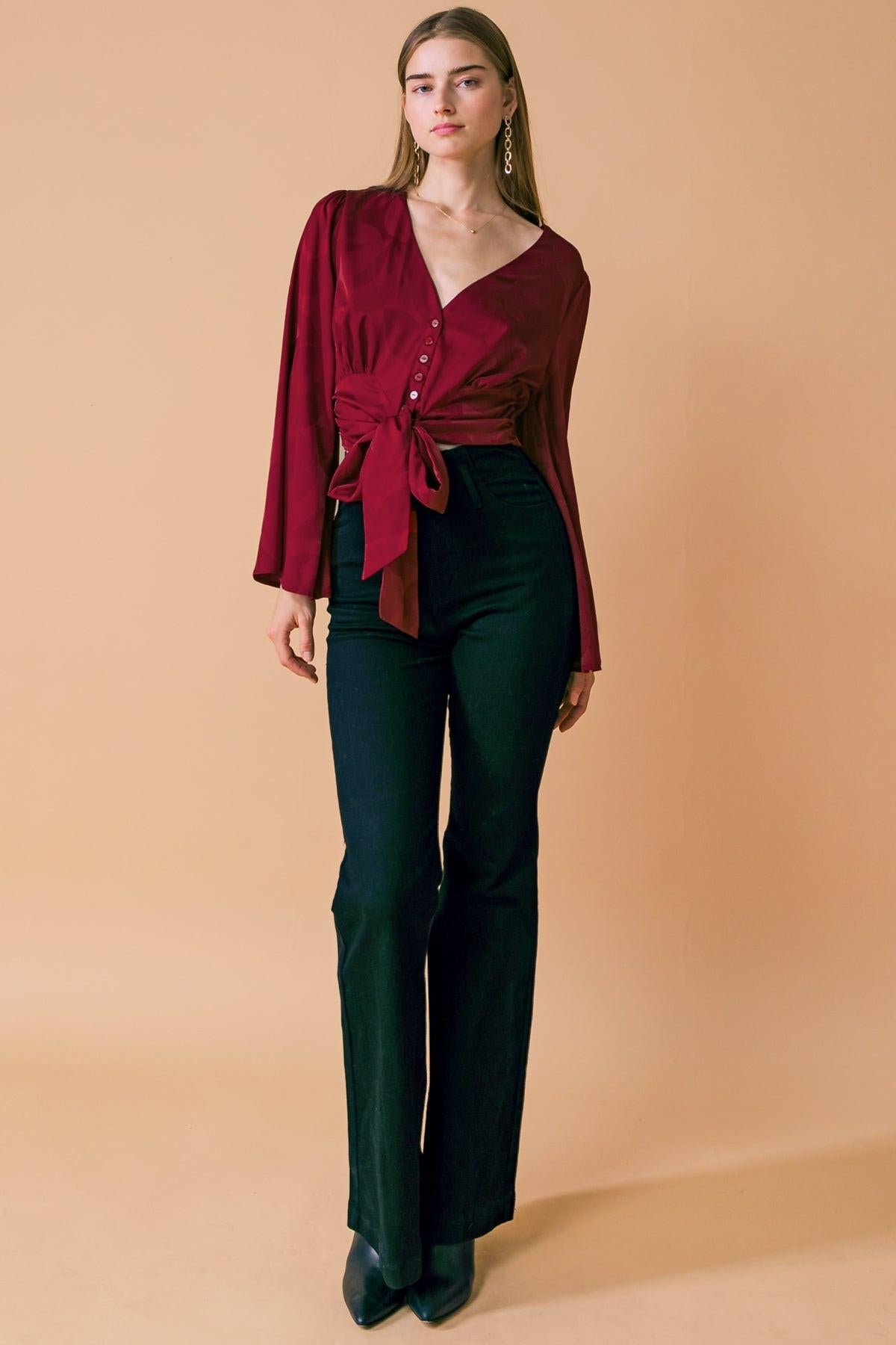 Flying Tomato the Right Addition Woven Top in HUNTER GREEN view 5