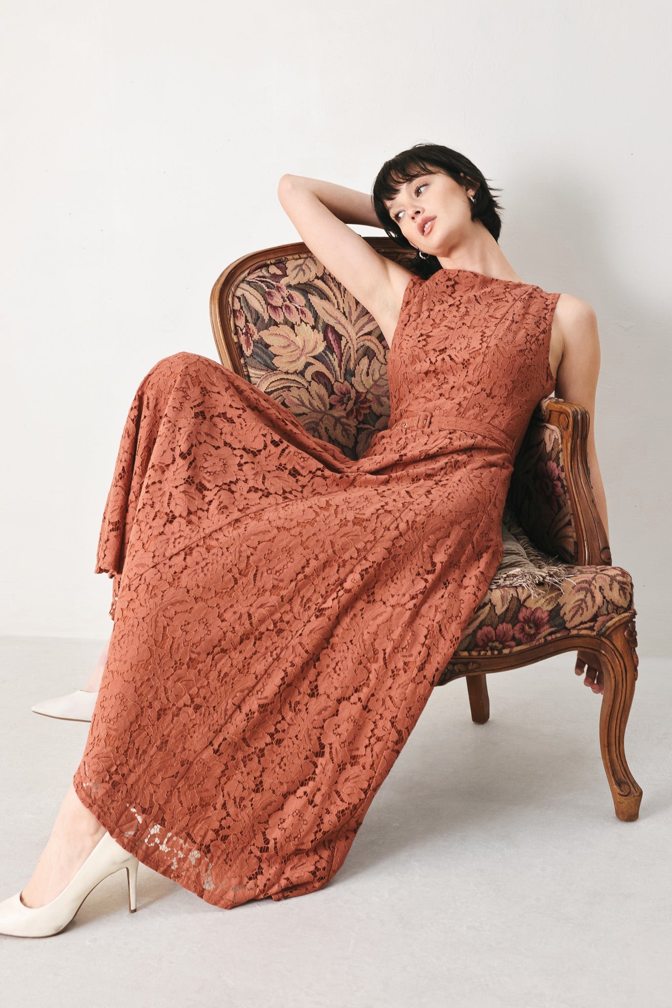 Flying Tomato True Romance Woven Lace Midi Dress in RUST view 3 - True Romance Dress Up
