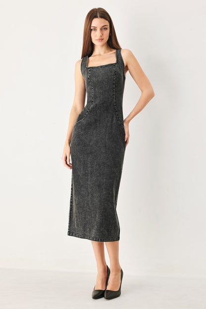 Flying Tomato Urban Chic Denim Midi Dress in BLACK - Urban Chic Dress Code