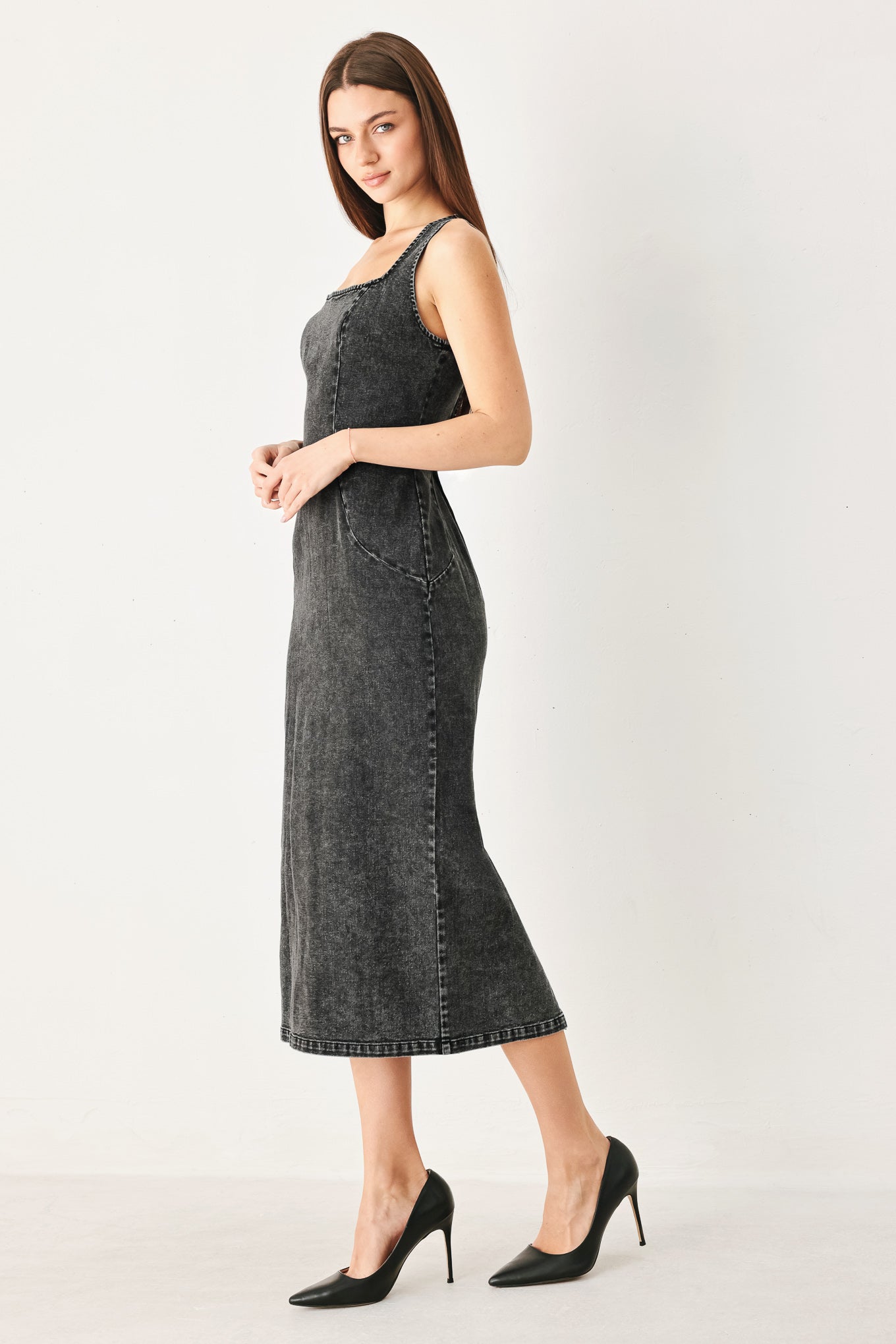 Flying Tomato Urban Chic Denim Midi Dress in BLACK view 5 - Urban Chic Dress Code