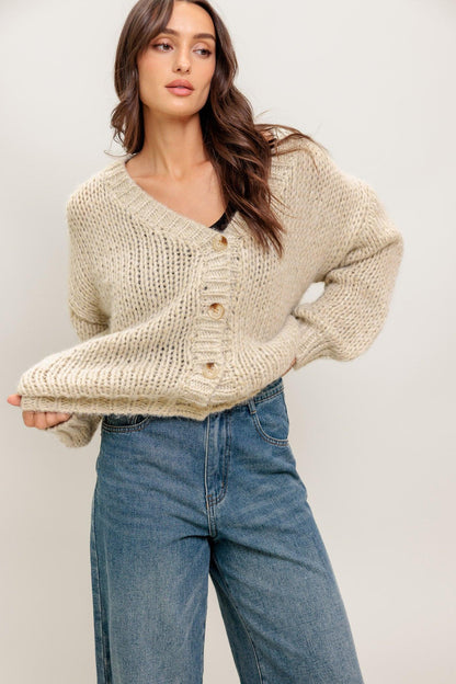 Flying Tomato Weekend Warmth Sweater Knit Cardigan in CREAM/GOLD - Fall Wardrobe Essential - Grey Weekend Cardigan