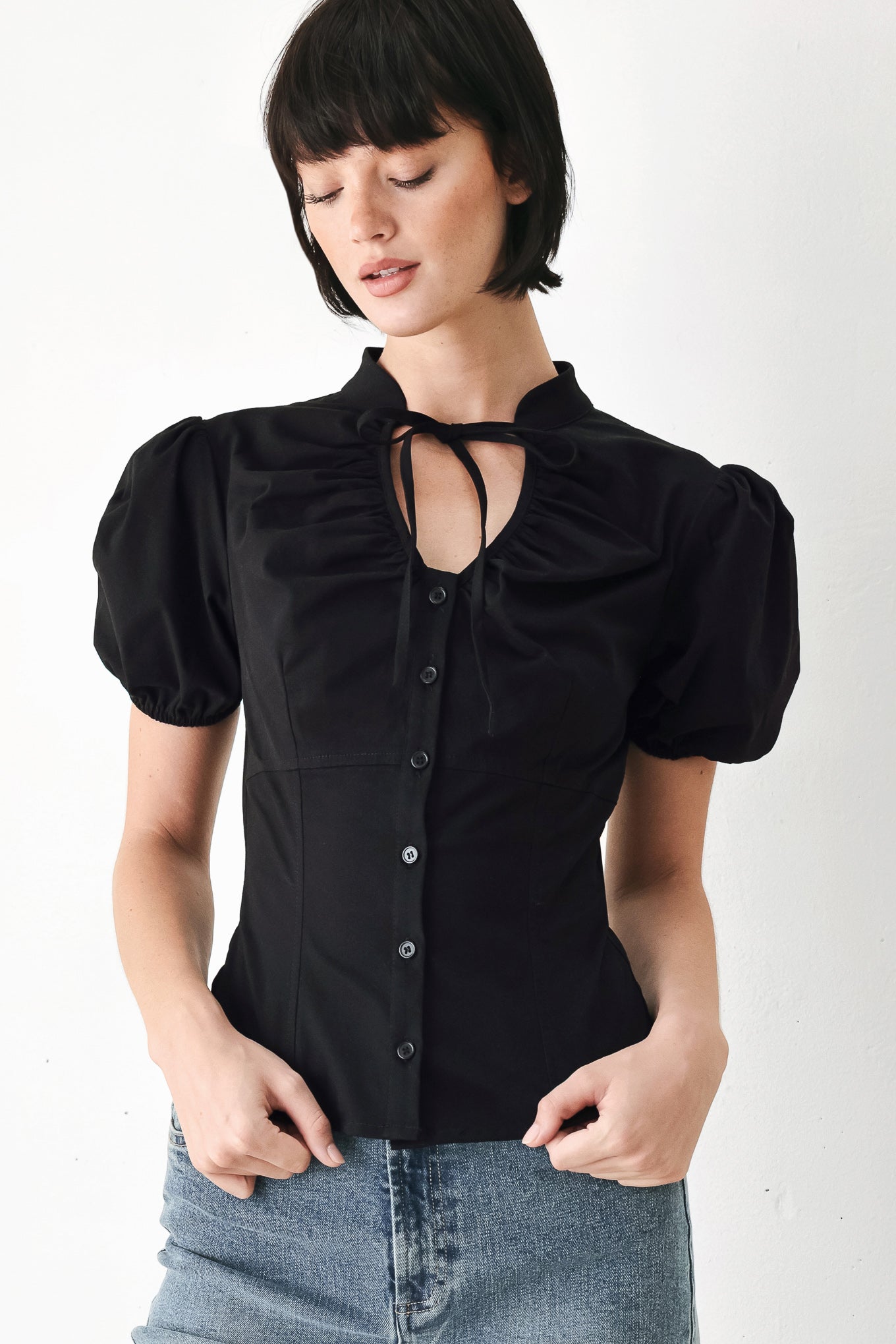Flying Tomato White Rose Daydream Woven Top in BLACK - White Rose Topiary