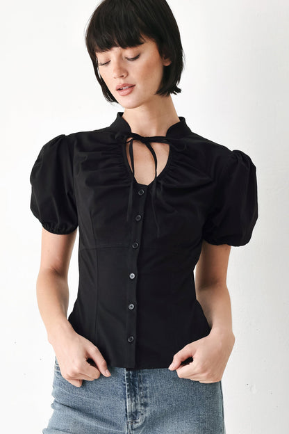Flying Tomato White Rose Daydream Woven Top in BLACK - White Rose Topiary
