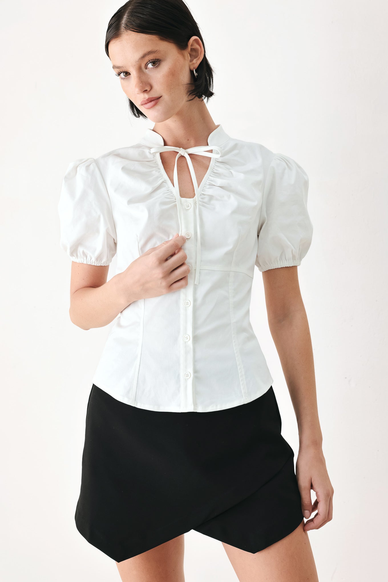 Flying Tomato White Rose Daydream Woven Top in BLACK view 2 - White Rose Topiary