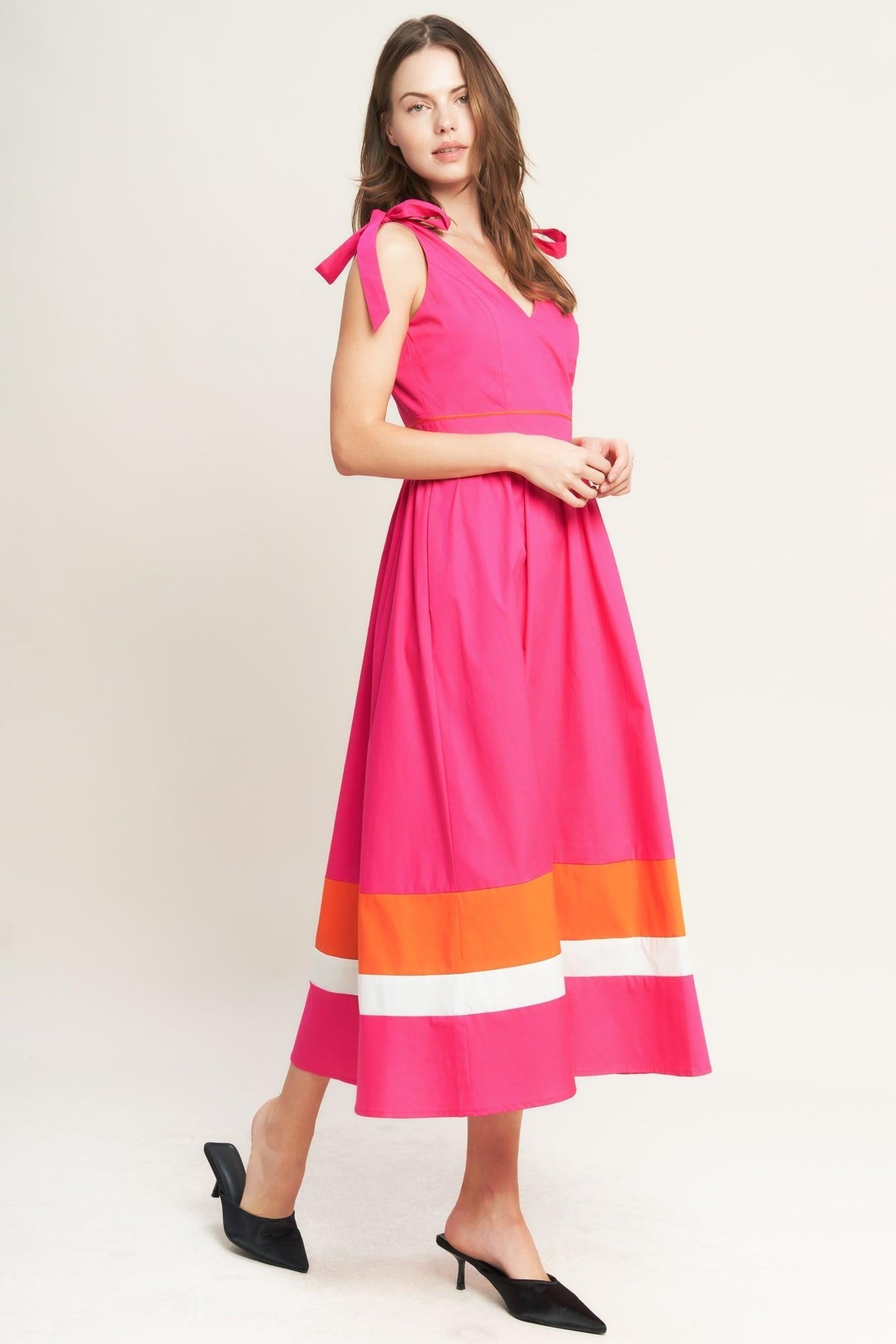 Forest Charm Fuchsia Orange Woven Midi Dress in FUCHSIA ORANGE