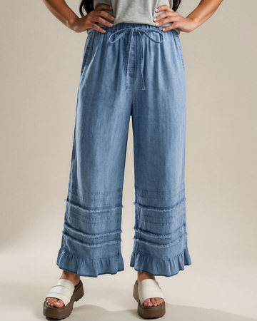 Frankie Ruffled Hem Wide Leg Chambray Pants in Beau Blue (bottom)