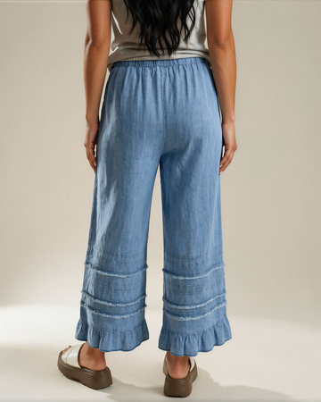 Frankie Ruffled Hem Wide Leg Chambray Pants in Beau Blue view 2 (bottom)