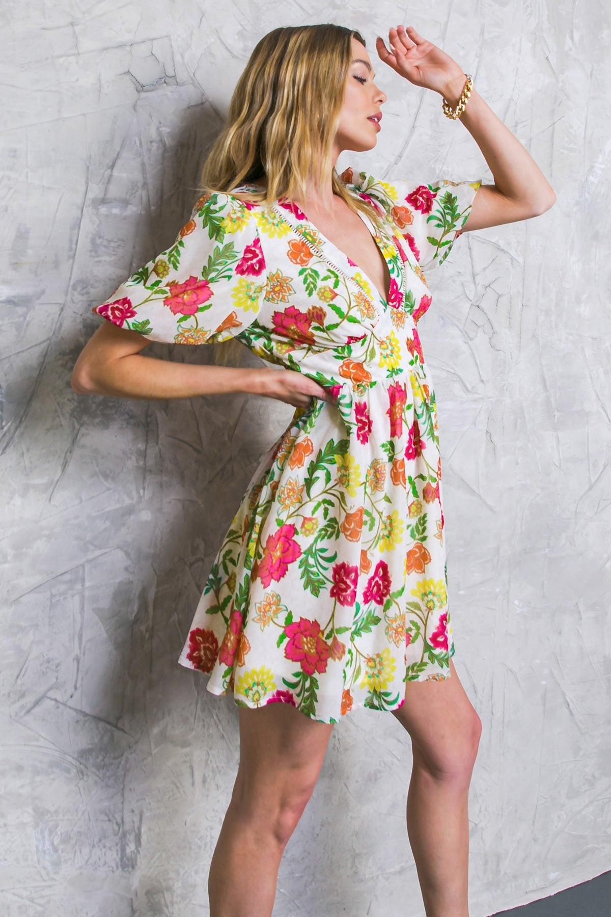 Free Me Today Floral Woven Mini Dress IVORY view 2 (dress) - free clothes today near me, free clothes t - shop at us.meeeshop