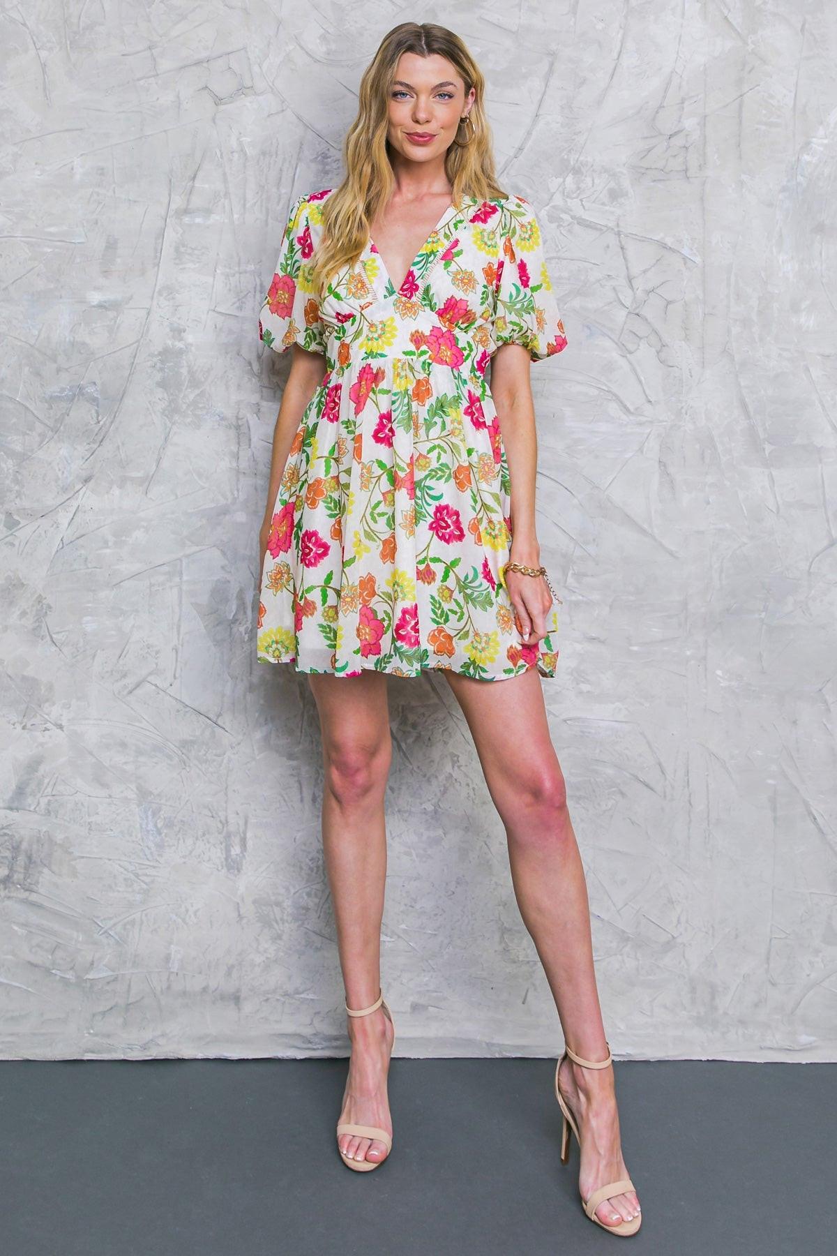 Free Me Today Floral Woven Mini Dress IVORY view 3 (dress) - free clothes today near me, free clothes t - shop at us.meeeshop