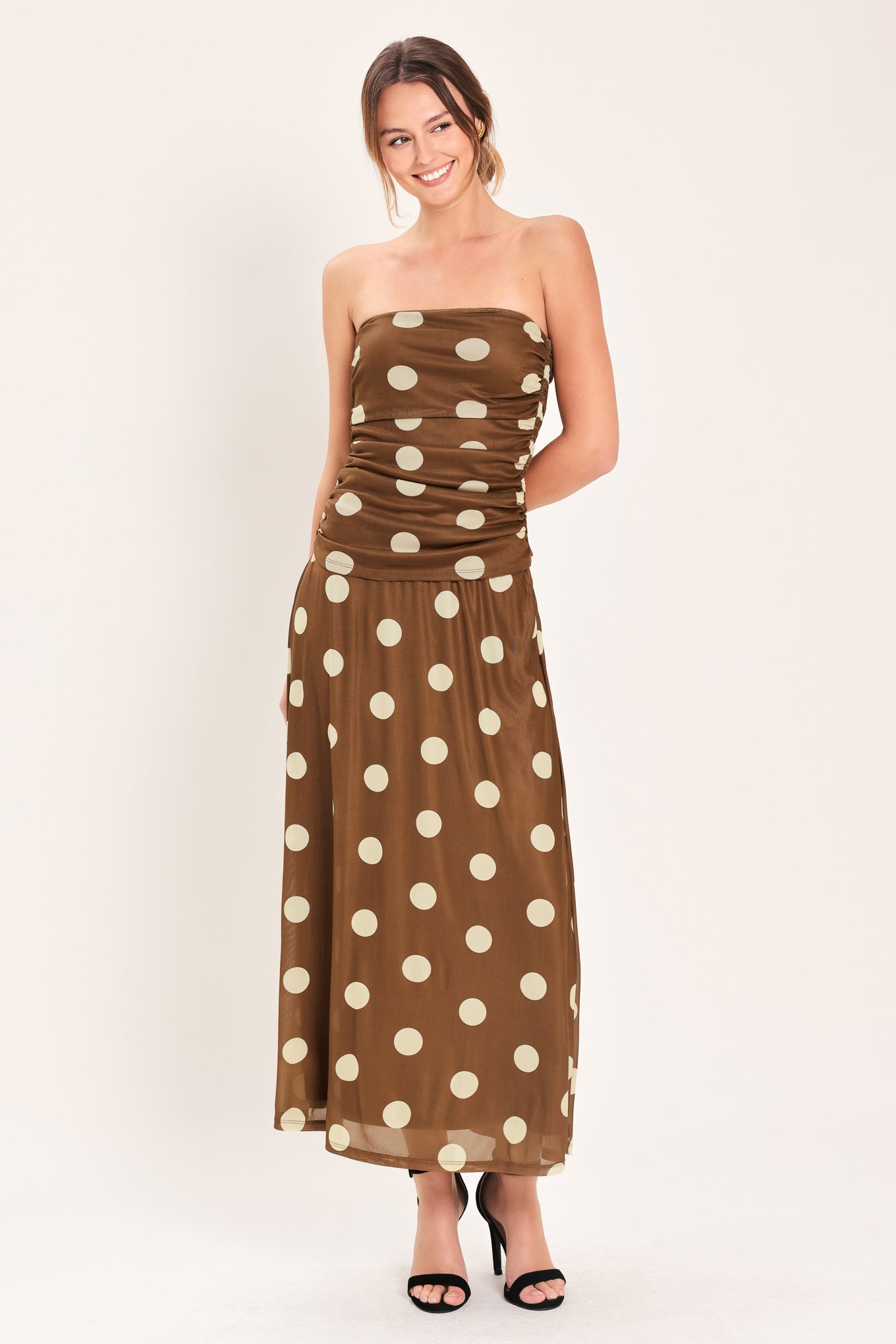 French Girl Polka Dot Power Mesh Tube Top in BROWN view 2 - Pol Top