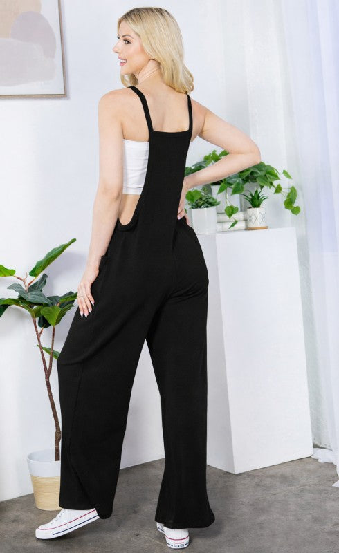 French Terry Wide Leg Overalls in BLACK view 4 (piece)