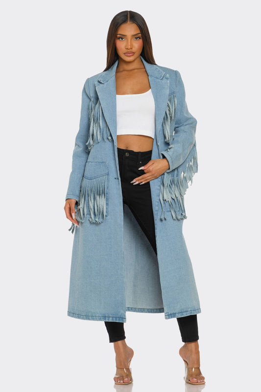 Fringed Denim Trench in Medium view 2 - Fringed Denim Jacket (bottom)