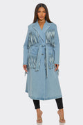 Fringed Denim Trench Small (layer) - frayed denim trench coat, fringed denim jacket, fringed denim jack - shop at us.meeeshop