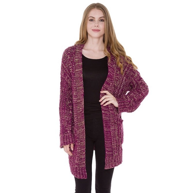 Front Pocket Knit Detail Soft Warm Long Cardigan Top in Fuchsia - Fall Wardrobe Essential - Pocket Knit Cardigan Little Lies