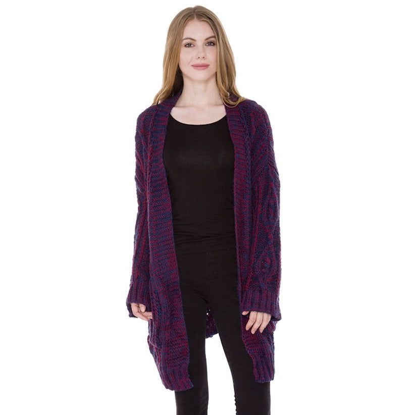 Front Pocket Knit Detail Soft Warm Long Cardigan Top in Navy view 2 - Fall Wardrobe Essential