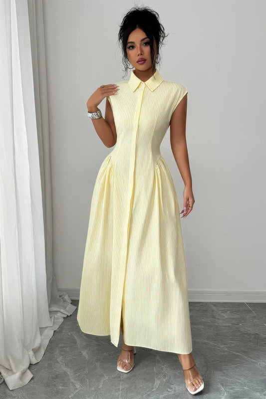 Front Slit Collar Cap Sleeve Ruched Waist Long Dress in Yellow - Wh02X26590