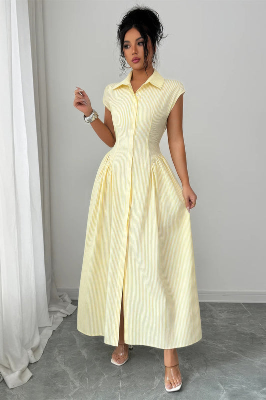 Front Slit Collar Cap Sleeve Ruched Waist Long Dress in Yellow view 2 - Wh02X26590