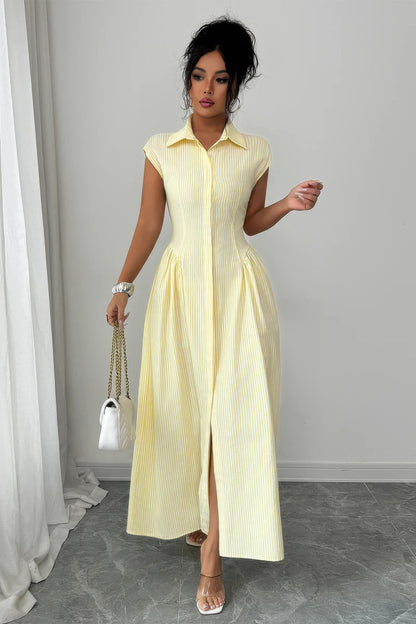 Front Slit Collar Cap Sleeve Ruched Waist Long Dress in Yellow view 3 - Wh02X26590