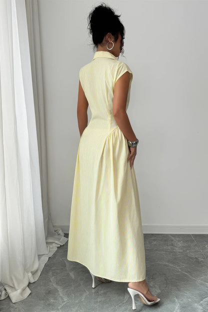 Front Slit Collar Cap Sleeve Ruched Waist Long Dress in Yellow view 4 - Wh02X26590