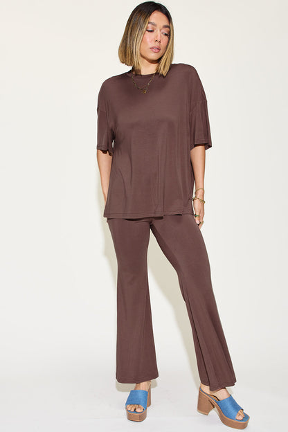 Full Size Bamboo Drop Shoulder T-shirt and Flare Pants Set - MeeeShop Women's Fashion