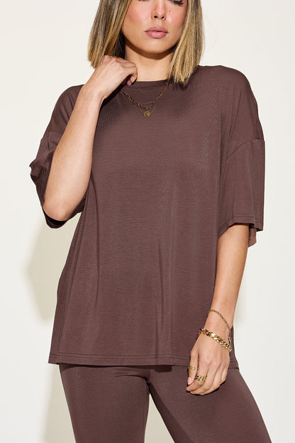 Full Size Bamboo Drop Shoulder T-shirt and Flare Pants Set - MeeeShop Women's Fashion