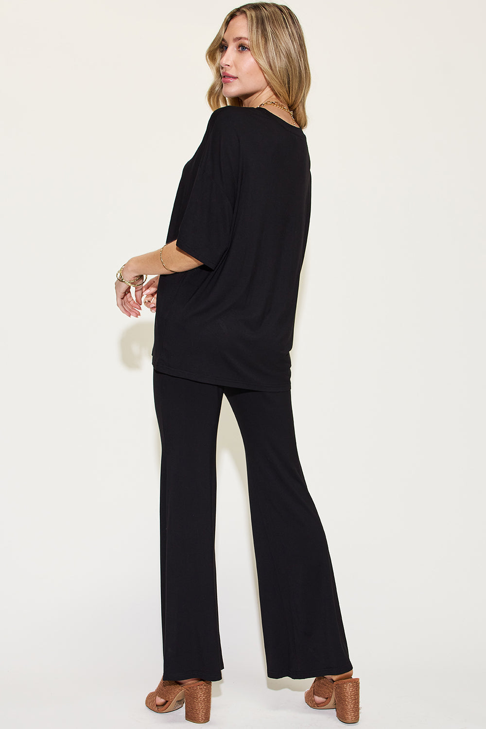 Full Size Bamboo Drop Shoulder T-shirt and Flare Pants Set - MeeeShop Women's Fashion