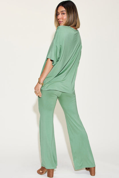 Full Size Bamboo Drop Shoulder T-shirt and Flare Pants Set - MeeeShop Women's Fashion