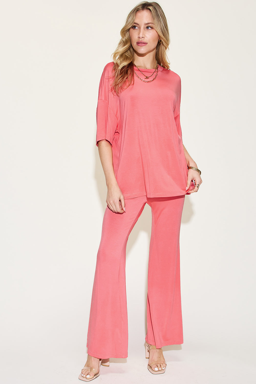 Full Size Bamboo Drop Shoulder T-shirt and Flare Pants Set - MeeeShop Women's Fashion