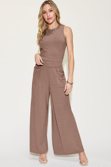 Full Size Ribbed Tank and Wide Leg Pants Set - MeeeShop Women's Fashion