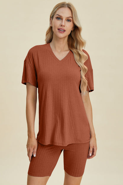 Full Size Ribbed V-neck Short Sleeve Top and Shorts Set - MeeeShop Women's Fashion