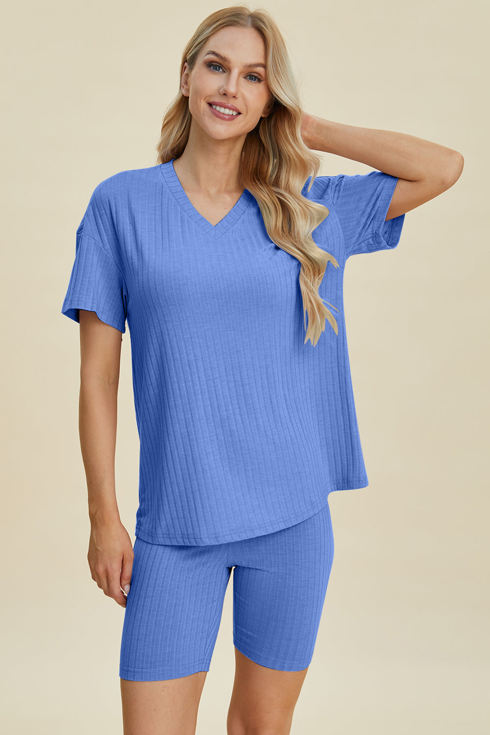 Full Size Ribbed V-neck Short Sleeve Top and Shorts Set - MeeeShop Women's Fashion