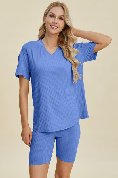 Full Size Ribbed V-neck Short Sleeve Top and Shorts Set - MeeeShop Women's Fashion