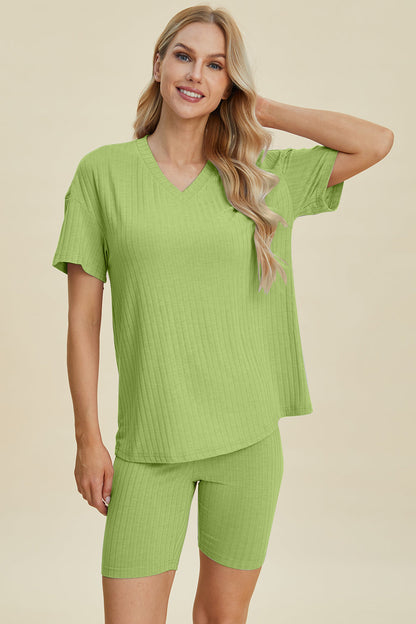 Full Size Ribbed V-neck Short Sleeve Top and Shorts Set - MeeeShop Women's Fashion